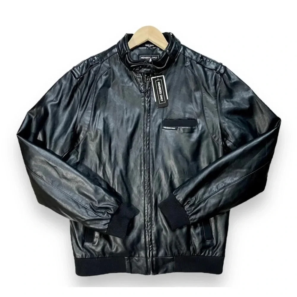 Members Only Black Faux Leather Iconic Racer Oversized Jacket Medium NWT - Picture 3 of 9